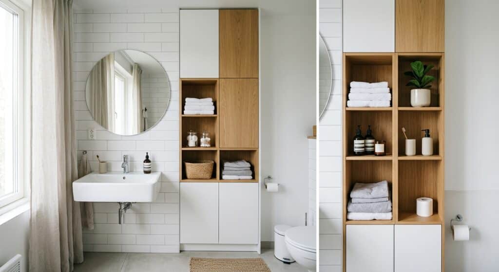 A clean, modern small bathroom interior featuring tall, slim vertical storage cabinet columns in white and wood tones, elegantly arranged against a white tiled wall. The bathroom is compact yet well-organized, with neatly folded towels, toiletries, and bathroom accessories visible on open shelves and behind cabinet doors. Soft natural lighting highlights the minimalist Scandinavian-inspired design. The vertical cabinets maximize floor-to-ceiling space efficiently, demonstrating smart space optimization in a small bathroom setting. Photorealistic editorial interior photography style, bright and airy atmosphere.