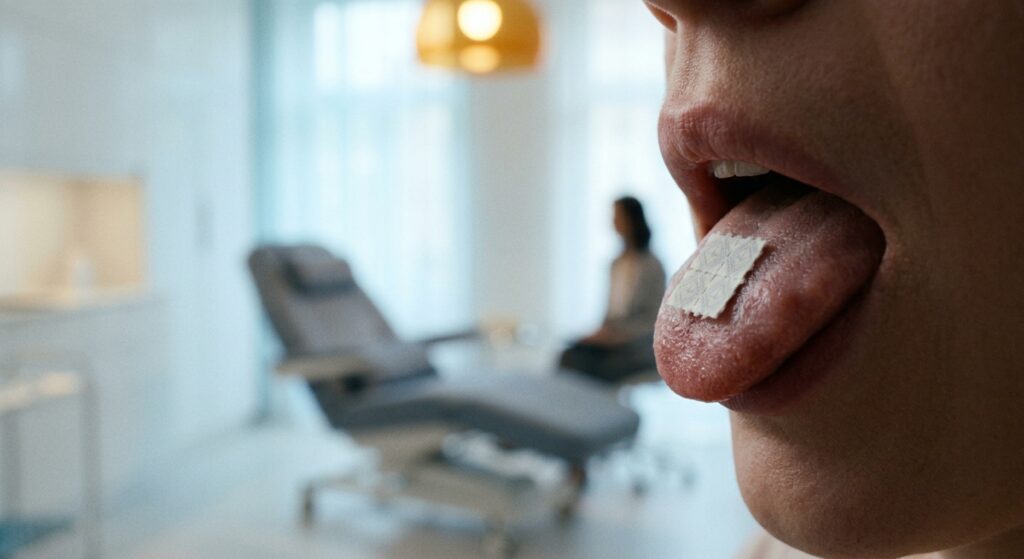 A close-up, cinematic photograph of a small translucent paper tab resting on the tip of a human tongue, bathed in soft, diffused clinical white light. The background subtly transitions into a blurred hospital or therapy room setting — a reclining chair, dim ambient lighting, a faint silhouette of a calm attendant seated nearby. The overall mood is simultaneously clinical and surreal, combining the sterile precision of pharmaceutical trials with an ethereal, slightly dreamlike atmosphere. Muted tones of white, pale blue, and warm amber. Editorial photography style, shallow depth of field, high detail on the paper tab, photorealistic.