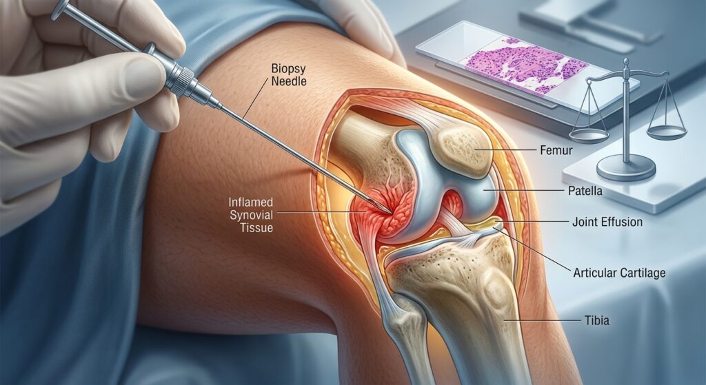 A close-up, dramatic medical illustration showing a slender biopsy needle precisely entering an inflamed knee joint, with a translucent anatomical cross-section revealing the synovial tissue inside. In the background, softly blurred, a microscope slide displays cellular tissue patterns in purples and pinks, alongside a simple balance scale symbolizing clinical decision-making. The overall palette is cool clinical blues and whites contrasted with warm amber tones of biological tissue. Editorial style, highly detailed, photorealistic with a scientific infographic aesthetic, shallow depth of field, professional medical photography lighting.
