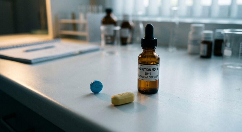 A close-up, dramatic still-life photograph of three pharmaceutical items arranged on a clean pharmacy counter: a small blue pill, a yellow pill, and a glass dropper bottle with liquid. The lighting is cinematic and moody, with soft shadows and a clinical white background. The composition feels scientific yet intimate, conveying the idea of accidental discovery and unexpected purpose. The image has an editorial, high-quality magazine aesthetic with a slightly cool color palette, emphasizing precision and the quiet power of everyday medicine.