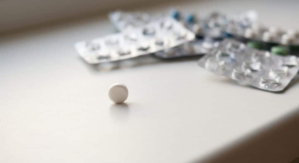 A close-up editorial photograph of a single small white pill resting on a minimalist white surface, with soft natural light casting a gentle shadow. Surrounding it, slightly out of focus, are scattered daily pill blister packs with multiple compartments, visually contrasting the single pill against the many. The composition emphasizes simplicity and reduction — fewer doses, lighter burden. The mood is clinical yet hopeful, with a clean, modern aesthetic using a cool neutral palette with subtle warm undertones. Photorealistic style, shallow depth of field, no text or labels visible.