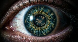 A close-up, hyper-detailed macro photograph of a single human eye, the iris rendered in deep blue-green with intricate golden filaments radiating outward like a biological circuit map. Inside the pupil, a faint luminescent glow suggests microscopic viral vectors drifting through vitreous fluid, rendered as tiny glowing particles of soft amber light. The sclera shows delicate networks of fine capillaries. The overall atmosphere is clinical yet wondrous, dramatic dark background with a narrow beam of cool white light illuminating the eye from the side, casting subtle reflections. The style blends scientific editorial photography with biopunk aesthetics — precise, intimate, slightly otherworldly, evoking the threshold between medicine and the future of human aging.