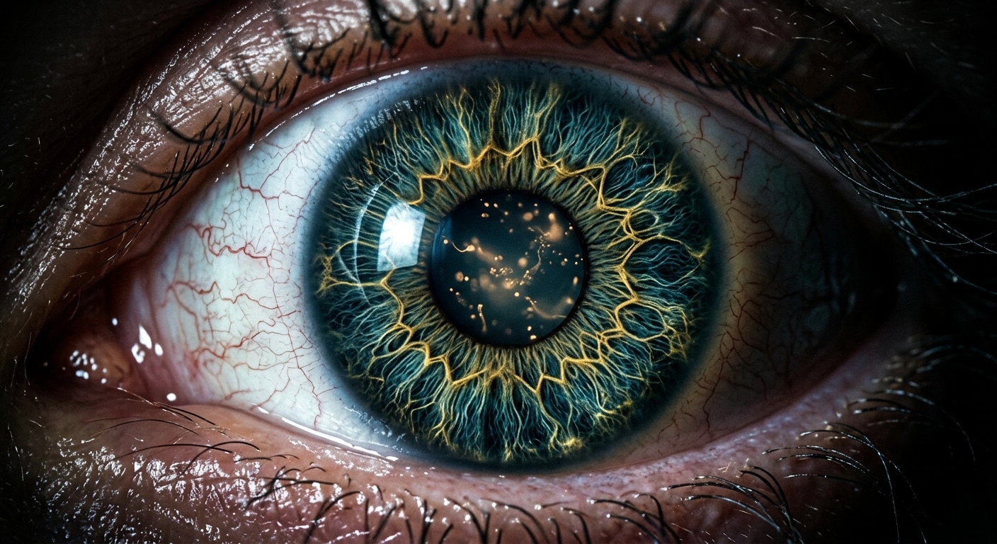 A close-up, hyper-detailed macro photograph of a single human eye, the iris rendered in deep blue-green with intricate golden filaments radiating outward like a biological circuit map. Inside the pupil, a faint luminescent glow suggests microscopic viral vectors drifting through vitreous fluid, rendered as tiny glowing particles of soft amber light. The sclera shows delicate networks of fine capillaries. The overall atmosphere is clinical yet wondrous, dramatic dark background with a narrow beam of cool white light illuminating the eye from the side, casting subtle reflections. The style blends scientific editorial photography with biopunk aesthetics — precise, intimate, slightly otherworldly, evoking the threshold between medicine and the future of human aging.
