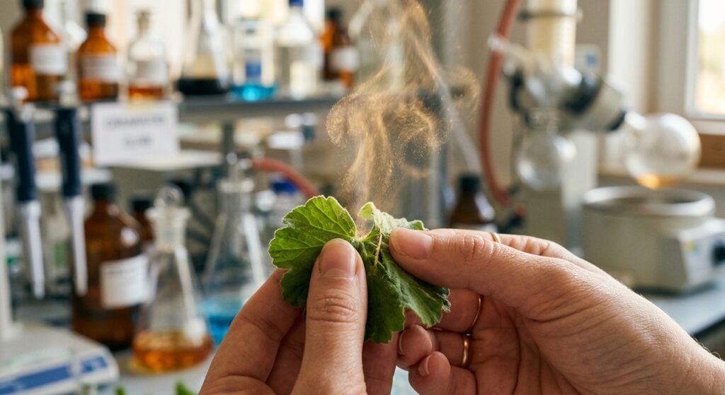A close-up, photorealistic image of a vibrant green geranium leaf being gently crushed between two fingers, releasing a visible mist of aromatic molecules rendered as soft, luminous golden particles drifting upward. In the background, slightly out of focus, a laboratory setting with glass flasks and scientific equipment is visible. The lighting is warm and natural, with a clean, editorial feel. The overall mood is hopeful and scientific, blending nature and medicine. The color palette emphasizes lush botanical greens, warm amber tones for the molecular haze, and cool clinical whites in the background.