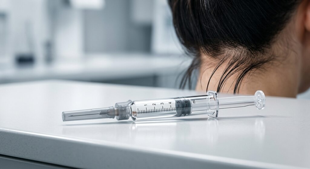 A close-up, photorealistic studio scene showing a sleek prefilled medical syringe resting on a clean white surface, with soft clinical lighting casting subtle shadows. In the blurred background, a few strands of healthy dark hair are visible, suggesting regrowth. The overall mood is scientific and hopeful, with a cool, modern aesthetic reminiscent of high-end pharmaceutical research imagery. The composition emphasizes precision medicine and innovation, editorial style, shallow depth of field.