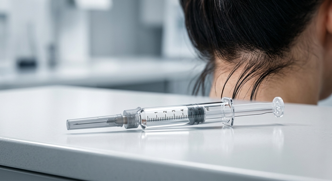 A close-up, photorealistic studio scene showing a sleek prefilled medical syringe resting on a clean white surface, with soft clinical lighting casting subtle shadows. In the blurred background, a few strands of healthy dark hair are visible, suggesting regrowth. The overall mood is scientific and hopeful, with a cool, modern aesthetic reminiscent of high-end pharmaceutical research imagery. The composition emphasizes precision medicine and innovation, editorial style, shallow depth of field.