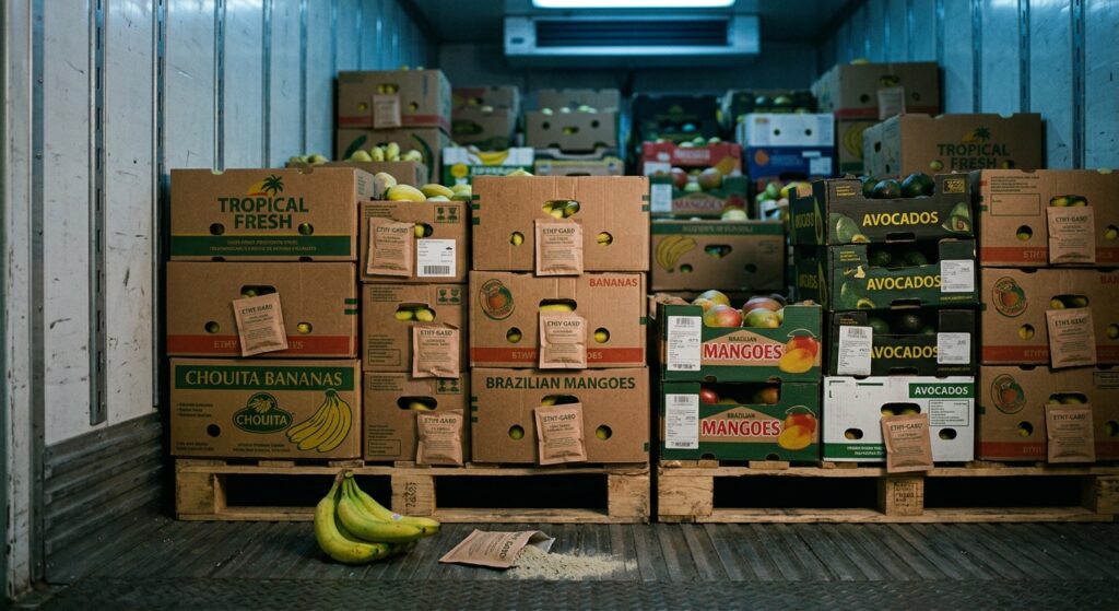 A cross-section close-up of a shipping container interior filled with stacked cardboard boxes of tropical fruits — bananas, mangoes, and avocados — with small clay-colored sachets tucked between the cartons. Soft, cool blue-tinted refrigerated light illuminates the scene. In the foreground, a few loose bananas rest beside a small pile of pale grey-beige powdered clay and a torn open sachet. The atmosphere is scientific yet intimate, blending industrial logistics with natural materials. Photorealistic editorial style, shallow depth of field, muted tones of green, yellow, and grey-brown, cinematic lighting.