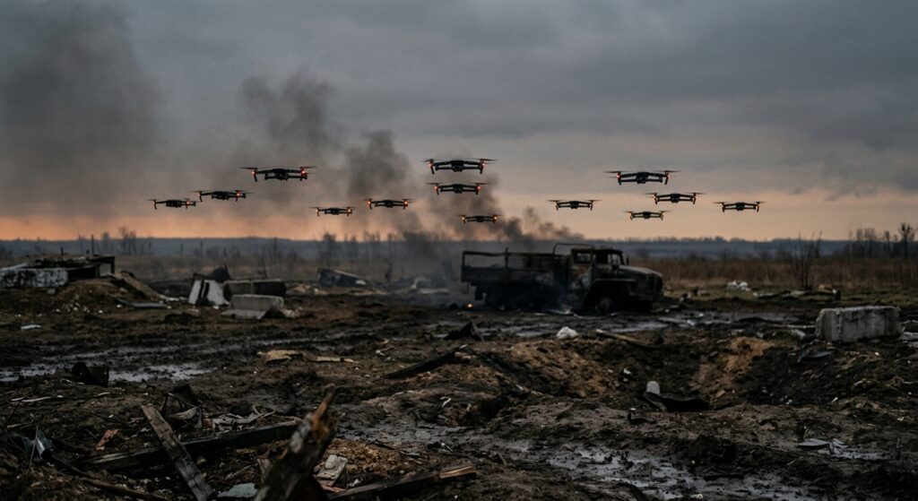 A dark, atmospheric battlefield scene at dusk near a desolate Eastern European front line. In the foreground, a swarm of small black quadcopter drones hovers autonomously in formation above a barren, cratered landscape, their red sensor lights glowing. No human operators are visible anywhere. The drones cast long shadows over scorched earth and a destroyed military truck smoldering in the distance. The sky is a heavy grey-orange, filled with the haze of conflict. The scene conveys cold, mechanical precision devoid of human presence — an eerie silence where life-and-death decisions happen without anyone watching. Cinematic, photorealistic editorial style with a dystopian, unsettling tone.