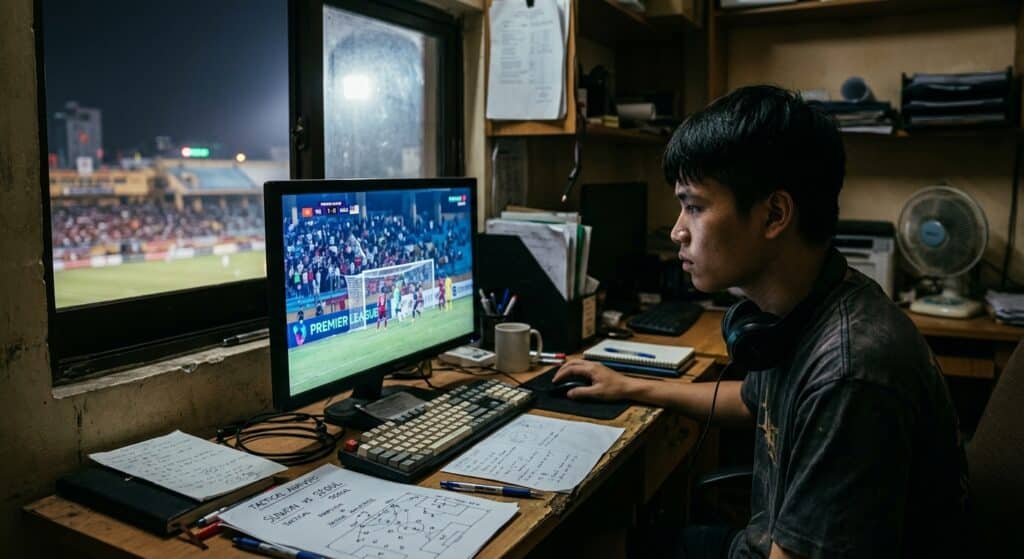 A dimly lit modest office room somewhere in Southeast Asia, a young person sits at a cluttered desk in front of a computer monitor displaying football match footage frozen mid-action. Their hand rests on a mouse, eyes focused intently on the screen. Through a small window behind them, a blurred football stadium with glowing lights is faintly visible in the distance. On the desk, scattered handwritten notes and a worn keyboard. The contrast between the humble workspace and the high-tech glowing stadium outside is stark and deliberate. Cinematic editorial photography style, moody natural lighting, shallow depth of field, muted warm tones with cool blue highlights from the screen.