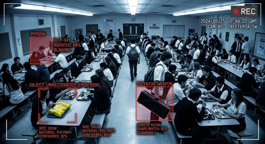 A dimly lit school cafeteria filled with teenagers sitting at long tables, chaotic and crowded, shot from the perspective of a security camera mounted high in the corner. In the foreground, a blinking red AI detection interface overlays the scene with targeting reticles and bounding boxes — one incorrectly highlighting a bag of chips on a tray, another flagging a musical instrument case, while a conspicuous blank space with no detection marker sits where a real threat would be. The atmosphere is tense and institutional — fluorescent lights, pale walls, plastic chairs — conveying a false sense of technological security. Photorealistic editorial style, cold blue and grey color palette, surveillance aesthetic, high contrast.