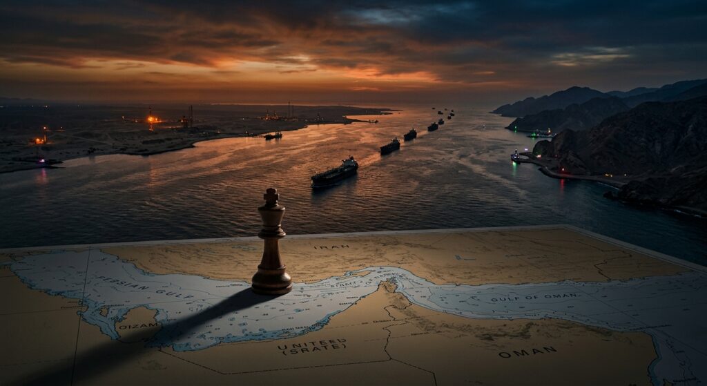 A dramatic aerial view of the Strait of Hormuz at dusk, with silhouettes of oil tankers passing through the narrow waterway between Iran and Oman. The sky is a tense blend of deep orange and dark blue, reflecting off the water. On one side, distant industrial oil infrastructure glows faintly, while flags of multiple nations — American, Iranian, Israeli, and Gulf state banners — are subtly implied through colored lighting rather than literal flags. In the foreground, a large chess piece — a king — casts a long shadow across a map-like surface of the Middle East region. The mood is geopolitical, cinematic, and uncertain, evoking high-stakes diplomacy, energy power, and fragile peace. Photorealistic editorial style, dramatic lighting, wide-angle perspective.