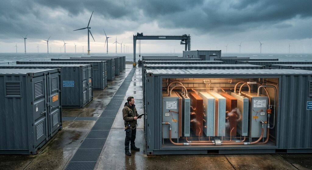 A dramatic and atmospheric industrial energy storage scene set in the Netherlands: rows of large industrial shipping containers painted in muted steel-gray tones, arranged near a coastal wind farm with massive offshore turbines visible in the misty background under a stormy, overcast northern European sky. In the foreground, a cross-section detail reveals the interior of an iron-air battery — glowing amber and rust-orange tones suggesting controlled oxidation, with metallic iron electrodes surrounded by a faint luminous haze representing the air-breathing chemical process. The overall mood is quietly optimistic and grounded, blending industrial realism with a subtle sense of technological promise. The color palette emphasizes iron-red, steel-blue, and pale gray, evoking rust, sea air, and northern light. Photorealistic editorial style, cinematic wide shot, dramatic low-angle perspective.
