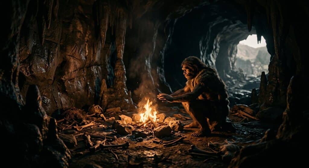 A dramatic and atmospheric photorealistic illustration of the interior of a deep ancient cave, lit by the warm flickering glow of a small controlled fire burning on the rocky cave floor. Scattered around the fire are small animal bones and organic debris. The cave walls are dark and enclosing, with faint orange and amber light dancing across the stone surfaces. In the background, silhouetted against the faint light of the distant cave entrance, a primitive hominid figure crouches near the flame, suggesting early human presence. The scene evokes the Early Pleistocene, approximately 1.8 million years ago, with a sense of deep geological time and primal discovery. The mood is mysterious, ancient, and awe-inspiring. Editorial-style, painterly realism with cinematic lighting.