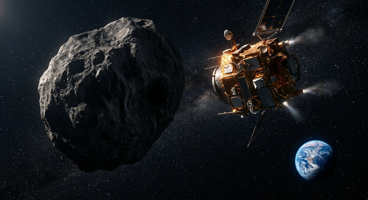 A dramatic and cinematic space scene depicting a massive nine-ton spacecraft impactor on a collision course with a rugged, dark asteroid tumbling through deep space, with Earth visible in the distant background as a fragile blue sphere. The asteroid surface is detailed with craters and rocky textures, illuminated by harsh sunlight against the infinite black void. Around the scene, subtle visual tension suggests both protection and threat — the same technology pointing in two directions. The mood is simultaneously awe-inspiring and ominous, rendered in a high-quality, photorealistic digital art style with deep shadows, volumetric lighting, and a cold cosmic color palette of dark blues, grays, and orange-tinted sunlight reflecting off the spacecraft's metallic hull.