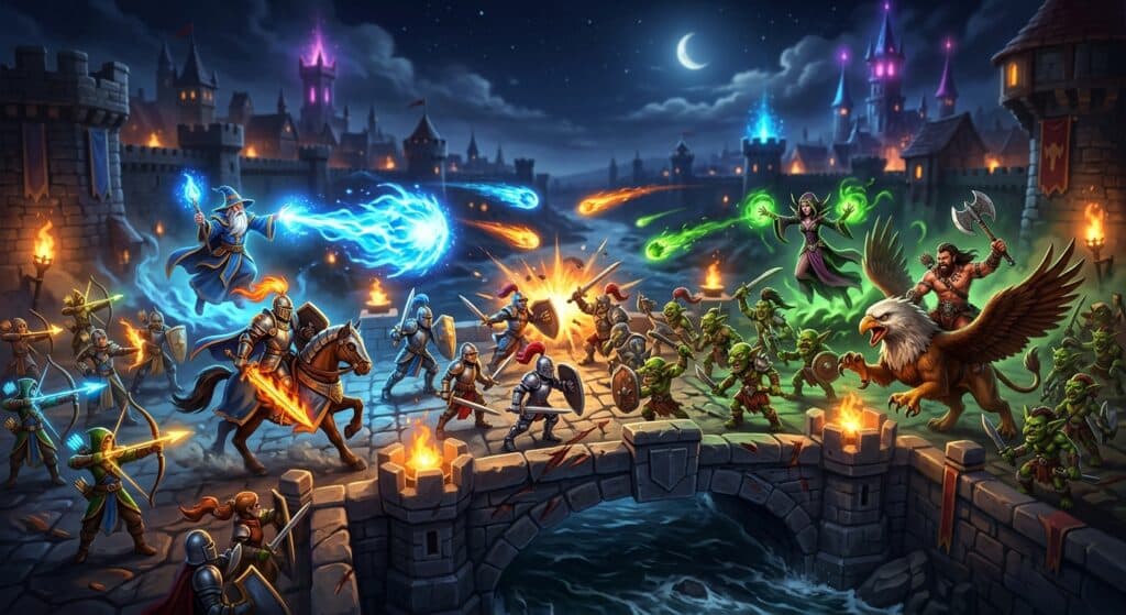 A dramatic and dynamic digital illustration of a fantasy mobile card battle scene, featuring miniature medieval warriors, wizards, and mythical creatures clashing on a split arena bridge at night, rendered in vibrant jewel tones with glowing magical effects. Tiny armored knights, archers, and spell-casting mages face off symmetrically across a river, with explosive energy bursts and glowing towers looming in the background. The scene has a polished, cinematic quality with rich depth of field, dramatic lighting from spell effects and torches, and a sense of intense strategic tension. Editorial game art style, high detail, vivid colors, no text or logos.