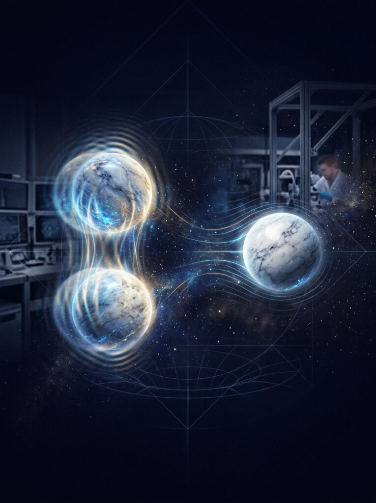 A dramatic and scientifically evocative editorial illustration depicting two luminous marble-like spheres floating in a dark, abstract quantum space. One sphere appears duplicated or ghosted, split across two positions simultaneously in a shimmering quantum superposition effect, with soft interference patterns and wave-like distortions surrounding it. The other sphere is being gently repelled, drifting away with subtle energy lines indicating an invisible force pushing it outward — defying intuitive gravity. The background suggests a laboratory environment blending into deep space, with faint geometric grid lines reminiscent of spacetime curvature from general relativity. The color palette is deep indigo and black with glowing electric blue, soft gold, and white highlights, creating a sense of wonder and scientific frontier. Photorealistic rendering with a cinematic, concept-art quality suitable for a physics magazine cover.