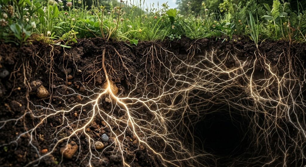 rete di funghi A dramatic close-up cross-section view of fertile soil, shot from ground level with the surface visible at the top of the frame. Below the earth's surface, an intricate glowing network of delicate white and golden mycorrhizal fungal threads (hyphae) stretches in all directions, forming an impossibly vast and luminous web that fills the underground space. The filaments glow faintly with bioluminescent light, interconnecting plant roots that descend from lush green grassland visible above. The scale shifts from microscopic detail in the foreground to a vast planetary suggestion in the deep background, where the network fades into infinite darkness. Rich dark brown loamy soil texture surrounds the glowing threads. The mood is reverent, scientific, and quietly awe-inspiring. Photorealistic style with a touch of scientific illustration, dramatic subsurface lighting, macro and wide-angle perspective combined.