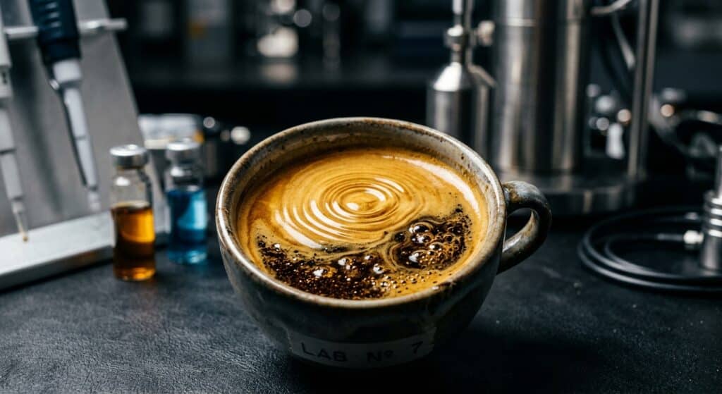 A dramatic close-up macro photograph of a small espresso cup filled with rich dark coffee and a thick golden-brown crema on the surface, with abstract sound wave ripples and ultrasonic vibration patterns visualized in the liquid, tiny microscopic bubbles forming and collapsing within the coffee grounds nearby. The setting is a sleek modern laboratory environment with metallic scientific equipment partially visible in the background. Cinematic lighting with deep shadows and warm amber highlights on the crema, photorealistic editorial style, high detail, shallow depth of field.