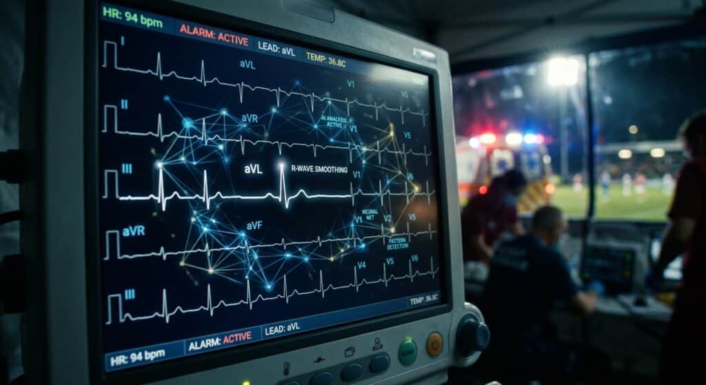 A dramatic close-up photorealistic illustration of an electrocardiogram trace on a glowing monitor screen in a dimly lit medical environment, with a subtle highlight on the R-wave of the aVL lead showing a barely perceptible smoothing near the peak. Translucent neural network nodes and connecting lines are overlaid on the ECG trace, suggesting artificial intelligence analysis. In the soft-focus background, a stadium floodlight and ambulance lights hint at an emergency sports setting. The color palette is deep navy and electric blue with sharp white ECG lines, clinical and tense in atmosphere, editorial medical photography style.