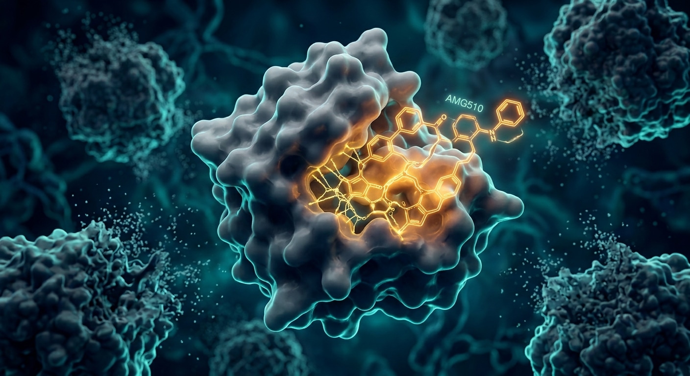 A dramatic close-up scientific visualization of a molecular interaction at the cellular level: a smooth, featureless protein surface — representing the long-untargetable KRAS oncogene — being locked into place by a glowing molecular clamp formed by two binding agents merging together like a master key. The scene is rendered in deep navy blue and electric teal, with luminescent amber highlights tracing the molecular bond. In the background, faintly visible, are stylized pancreatic cancer cell clusters dissolving at their edges, suggesting suppression. The overall mood is one of quiet scientific breakthrough — precise, hopeful, and monumental. The aesthetic is cinematic editorial science photography meets molecular biology illustration, ultra-detailed, photorealistic CGI rendering with depth of field.