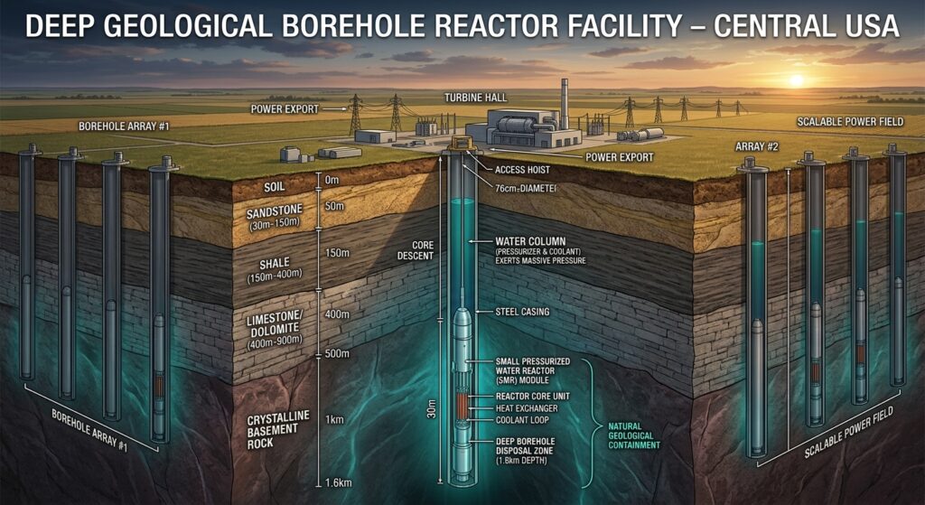 A dramatic cross-section illustration showing a deep underground nuclear reactor installation in the American Midwest. On the surface, a flat Kansas prairie landscape with a modest industrial shed and turbine equipment. Below ground, a cutaway view reveals a narrow 76-centimeter borehole drilling 1.6 kilometers deep into layered geological strata, with a sleek cylindrical small pressurized water reactor descending into the earth. The surrounding rock formations glow faintly with natural containment, while a column of water above the reactor visually represents the natural pressure system. Multiple identical boreholes extend across the site in a grid pattern, suggesting massive scalable power generation. The color palette contrasts warm amber surface light with cool blue-green underground tones. The style is a detailed, technical editorial illustration with a cinematic cross-section perspective, combining scientific accuracy with dramatic visual depth.