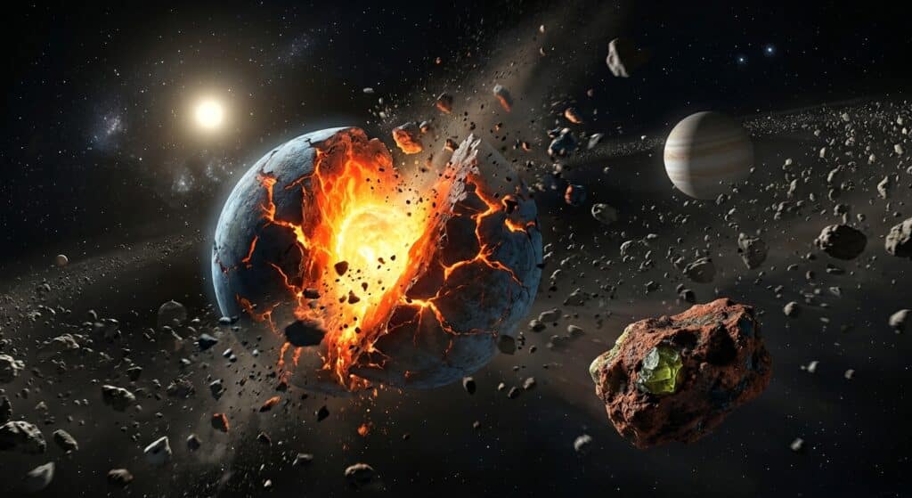 A dramatic deep-space scene depicting the ancient early Solar System, approximately 4.5 billion years ago, between the orbits of Mars and Jupiter. Massive continent-sized rocky bodies collide and shatter in a chaotic asteroid belt, with one large proto-planet — roughly the size of the Moon or Mars — cracking apart in a catastrophic collision. The doomed planet shows a visible molten iron core and a pressurized magma mantle exposed through fractures in its crust, glowing orange and red from within. Fragments scatter across the dark void in all directions. In the foreground, a small reddish-brown meteorite fragment floats in space, with a faint greenish olivine crystal visible inside it. The background features a young, slightly brighter Sun, distant Jupiter as a pale orb, and a dense swarm of rocky debris. The lighting is dramatic and cinematic, rendered in a photorealistic space illustration style with deep blacks, glowing molten tones, and cold blue-grey rock surfaces.