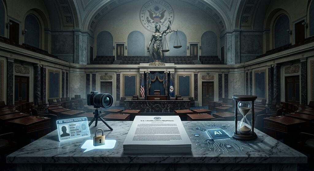 A dramatic editorial illustration depicting the interior of the United States Senate chamber bathed in cold institutional light, with a large legislative document resting on a marble table at center. On one side of the table, symbolic representations of surveillance and online identity — a glowing digital ID card, a camera lens, a padlock on a speech bubble — and on the other side, a sleek AI circuit board and a three-year hourglass. The scales of justice loom in the background, visibly unbalanced. The atmosphere is tense and bureaucratic, with deep shadows cast across the ornate Senate decor. The color palette is muted gold, steel blue, and shadow grey, conveying institutional power and quiet threat. Photorealistic editorial style, cinematic lighting, no text or logos.