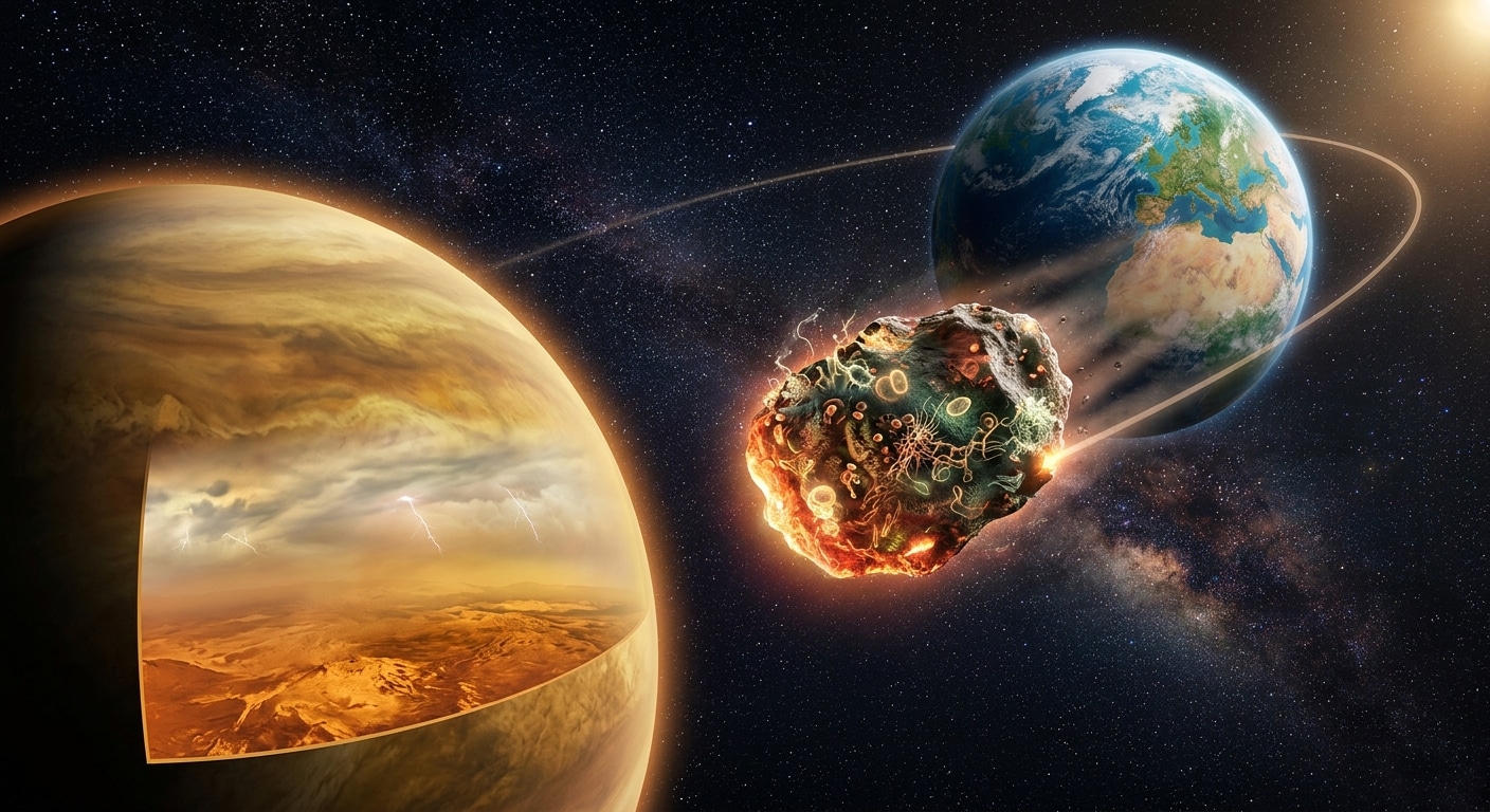 A dramatic, scientifically evocative illustration showing a glowing meteorite fragment tumbling through deep space between two planets — a blue-green Earth and a pale golden Venus — against a star-filled cosmic backdrop. The asteroid fragment appears to carry microscopic life, visualized as faint luminescent spores or cellular structures clinging to its rocky surface. Venus looms large and atmospheric, its thick swirling cloud layers rendered in warm amber and sulfurous yellows, with a cross-section hint of the temperate cloud zone floating above the hellish surface far below. The composition emphasizes the vast interplanetary journey of this microscopic hitchhiker, with orbital trajectory lines subtly arcing between the two worlds. The mood is contemplative and awe-inspiring, blending hard science with existential wonder. Photorealistic digital art style with cinematic lighting, deep space atmosphere, editorial quality.