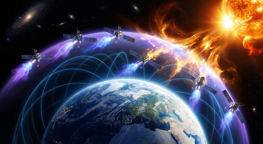 A dramatic space engineering concept illustration showing six satellites in geostationary orbit above Earth, releasing glowing clouds of ionized plasma gas that form a luminous shield barrier along the outer edge of Earth's magnetosphere. The scene is set against the deep black of space with the Sun blazing intensely in the background, emitting visible coronal mass ejection waves in brilliant orange and gold. Earth is visible below, partially lit, its magnetic field lines rendered as translucent blue arcs curving gracefully around the planet. The plasma shield glows in soft violet and electric blue tones where it intercepts the incoming solar storm front, creating a visual metaphor of a protective airbag in space. The satellites are sleek and functional in design, each trailing luminous ionized gas from pressurized canisters. The overall mood is scientific, awe-inspiring, and slightly cinematic, rendered in a high-quality digital art style blending realism with conceptual visualization.
