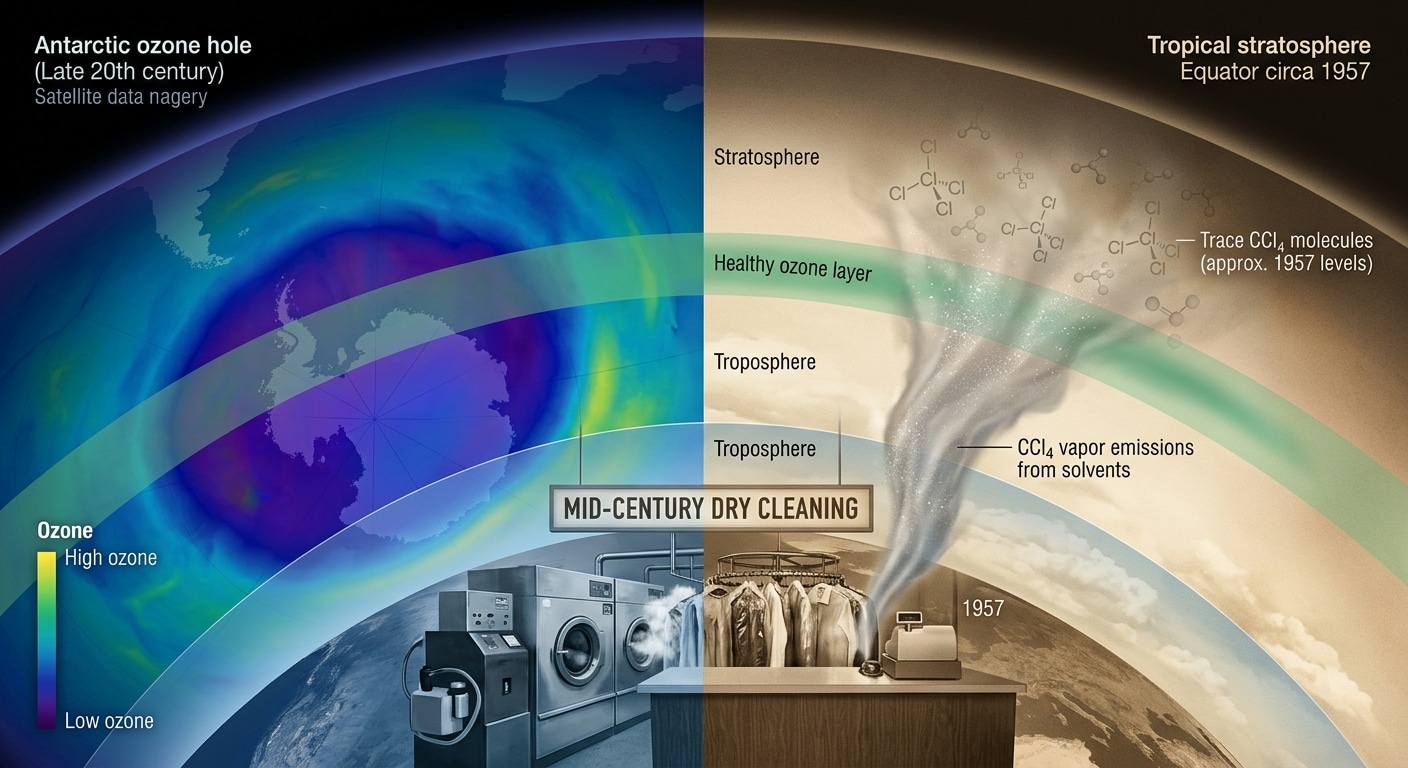 A dramatic split-view scientific illustration showing Earth's atmosphere in cross-section: on one side, the familiar Antarctic ozone hole depicted in deep ultraviolet blues and purples as seen from space; on the other side, the tropical stratosphere above the equator circa 1957, with faint chemical molecular structures of carbon tetrachloride dissolving into the upper atmosphere. In the foreground, a mid-century dry cleaning shop with steaming garments and industrial solvents evaporating into the air, the invisible chemical plume rising upward through layers of atmosphere toward a thinning ozone layer shown as a translucent green band. The overall palette blends vintage sepia tones of the 1950s with cold scientific satellite imagery blues and purples, conveying the unseen decades of atmospheric damage predating official discovery. Editorial, photorealistic style with scientific visualization elements.