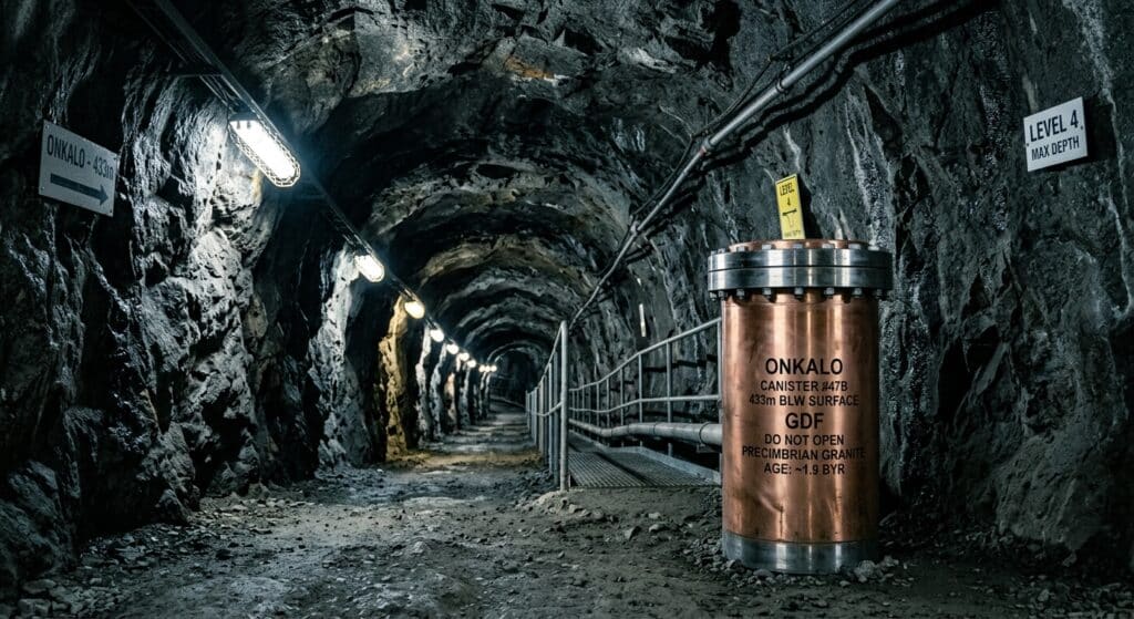 A dramatic underground tunnel carved through ancient dark granite rock, descending deep into the earth at 433 meters below the surface. The tunnel is lit by industrial lighting casting long shadows along the curved walls, revealing the rough-hewn texture of billion-year-old Precambrian rock. In the foreground, a cylindrical copper and steel canister stands sealed and polished, reflecting the dim light. The tunnel stretches far into the background, conveying immense depth and geological scale. The atmosphere is solemn, monumental, and slightly eerie — the feeling of a place built not for humans but for time itself. The visual style is documentary and editorial, with cold bluish-grey tones, cinematic depth of field, and a sense of engineered permanence meant to outlast civilization.