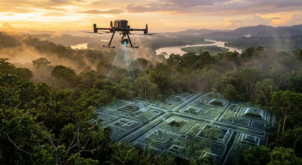 A drone equipped with LiDAR technology flies low over a dense, misty Amazon rainforest at golden hour, emitting faint laser pulses downward through the thick jungle canopy. Below, partially visible through the trees as a ghostly digital overlay, the geometric outlines of an ancient lost civilization slowly emerge from the earth — raised platforms, conical pyramids, straight elevated roads, and interconnected canals stretching across a vast floodplain in the Bolivian Amazon. The atmosphere is cinematic and mysterious, blending lush tropical green with the cool blue-white glow of laser mapping data. In the far background, a wide river winds through the landscape. The overall mood is one of discovery and quiet awe — a modern machine unveiling a thousand-year-old world hidden beneath the jungle floor.