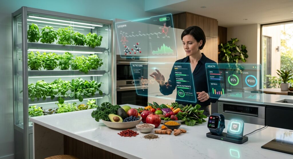 A futuristic and visually striking scene depicting the intersection of technology and nutrition: a sleek, high-tech kitchen environment where holographic displays show nutritional data and molecular food structures floating in the air, alongside fresh colorful vegetables, fruits, and superfoods arranged on a modern surface. A smartwatch and digital health monitoring devices rest nearby, glowing with health metrics. Vertical hydroponic plant walls grow lush green herbs in the background. The overall aesthetic is clean, modern, and optimistic, with soft blue and green lighting blending with warm natural tones, conveying innovation, sustainability, and the future of healthy eating. Editorial style, photorealistic, high detail.