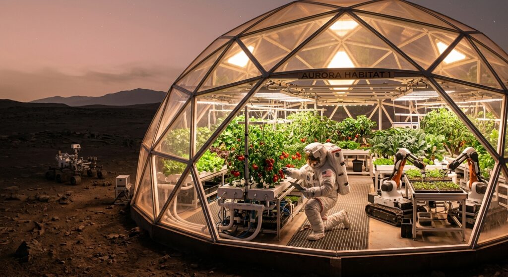 A futuristic geodesic greenhouse dome on the surface of Mars, glowing warmly from within against the rust-red Martian landscape under a dim pinkish sky. Inside the transparent structure, lush green plants, tomato vines, lettuce rows, and small coffee plants grow in neatly organized hydroponic systems and illuminated growing trays. Robotic arms and scientific equipment tend to the crops, while a suited astronaut carefully inspects a thriving plant. The exterior terrain is barren and rocky, dramatically contrasting with the vibrant life flourishing inside the dome. The scene is rendered in a realistic, editorial science-fiction style with cinematic lighting, emphasizing the tension between the harsh alien environment and the fragile, determined presence of terrestrial agriculture in space.