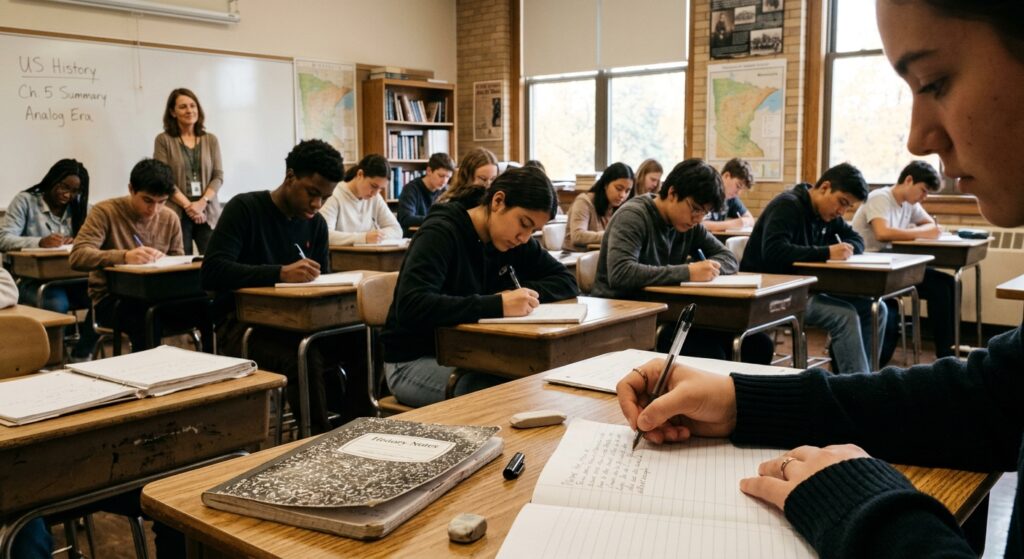 A high school classroom in Minneapolis photographed in warm, natural light, where students sit at traditional wooden desks writing by hand in paper notebooks with ink pens. No laptops, tablets, or smartphones are visible anywhere. The atmosphere is calm and deeply focused — teenagers of diverse backgrounds bent over their pages in concentrated silence, hands moving across paper. In the foreground, a close-up of a student's hand writing cursive notes. A female teacher stands thoughtfully at the side of the room observing her class. The mood is quiet, intentional, and slightly nostalgic — contrasting analogue focus against the implied absence of digital distraction. Editorial photography style, soft natural window light, realistic and documentary in tone.