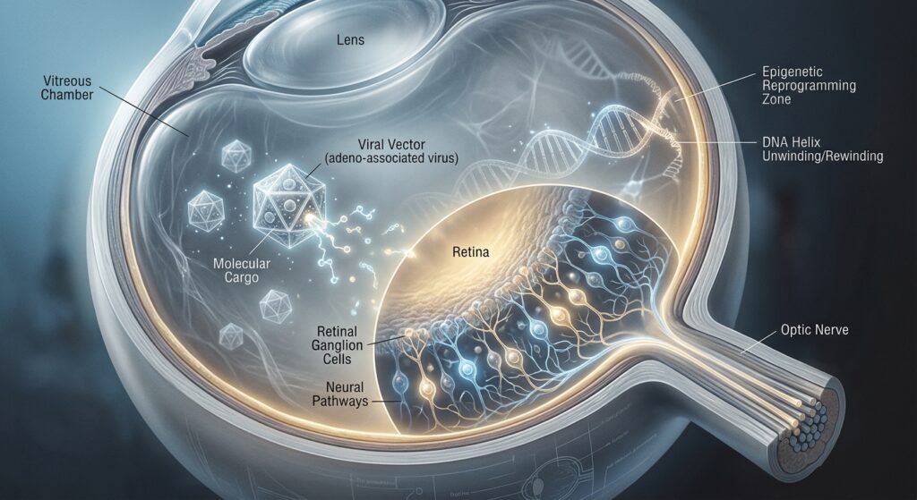 A highly detailed, editorial-style scientific illustration depicting a close-up cross-section of a human eye with a glowing retina, where individual ganglion cells are shown as luminous nodes connected by delicate neural pathways. Microscopic viral vectors, rendered as translucent geometric capsules, drift through the vitreous chamber delivering glowing molecular cargo. In the background, a subtle double helix unwinding and rewinding suggests epigenetic reprogramming. The overall mood is cautiously optimistic — precise and scientific rather than utopian — with a cool blue and amber color palette, soft bioluminescent glow on the cellular structures, and a clean, modern medical research aesthetic. Photorealistic digital art with a slight macro photography quality.
