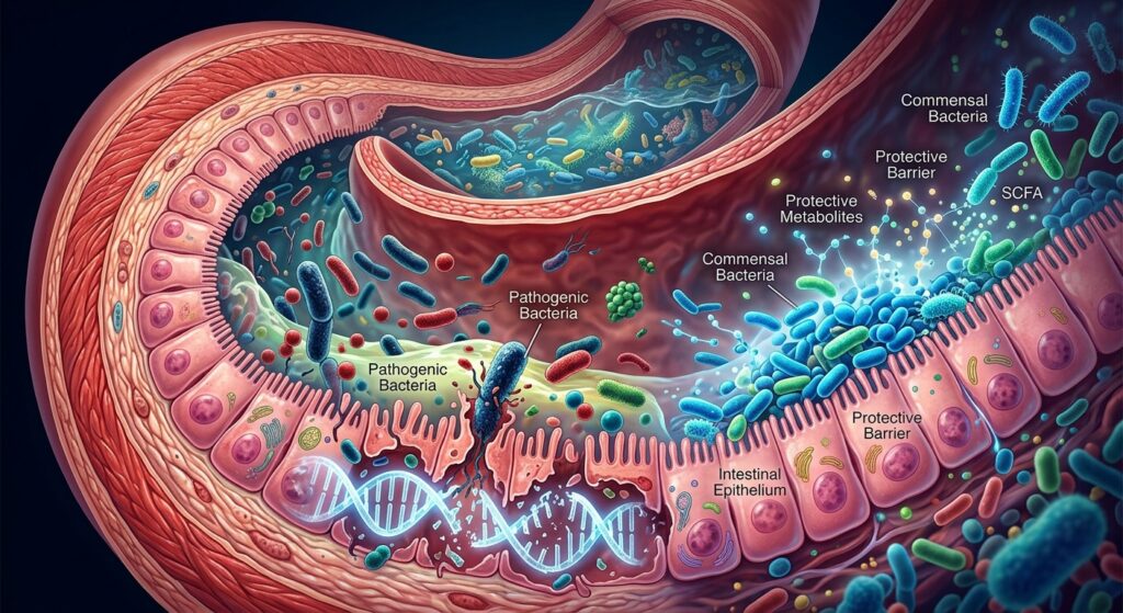 A highly detailed medical illustration showing a cross-section of the human colon with a microscopic world visible within its lining — diverse bacteria including rod-shaped and spherical microorganisms interacting with intestinal cells, some appearing to damage DNA strands depicted as glowing double helixes, others shown as protective shields around healthy epithelial cells. The inner wall of the colon is richly textured, with villi and crypts clearly visible. The color palette transitions from warm biological tones of pink and red in the tissue to cool blues and greens in the microbial environment. The overall composition feels like a scientific editorial illustration, blending anatomical realism with conceptual visualization — bacteria as both villains and guardians, some shown breaking molecular structures, others producing protective molecules represented as small glowing particles. The style is cinematic and slightly dramatic, with depth-of-field effects emphasizing the microscopic bacterial world, rendered in the style of a high-quality Nature Medicine or Scientific American cover illustration.