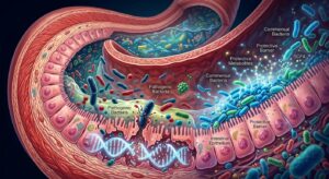 A highly detailed medical illustration showing a cross-section of the human colon with a microscopic world visible within its lining — diverse bacteria including rod-shaped and spherical microorganisms interacting with intestinal cells, some appearing to damage DNA strands depicted as glowing double helixes, others shown as protective shields around healthy epithelial cells. The inner wall of the colon is richly textured, with villi and crypts clearly visible. The color palette transitions from warm biological tones of pink and red in the tissue to cool blues and greens in the microbial environment. The overall composition feels like a scientific editorial illustration, blending anatomical realism with conceptual visualization — bacteria as both villains and guardians, some shown breaking molecular structures, others producing protective molecules represented as small glowing particles. The style is cinematic and slightly dramatic, with depth-of-field effects emphasizing the microscopic bacterial world, rendered in the style of a high-quality Nature Medicine or Scientific American cover illustration.