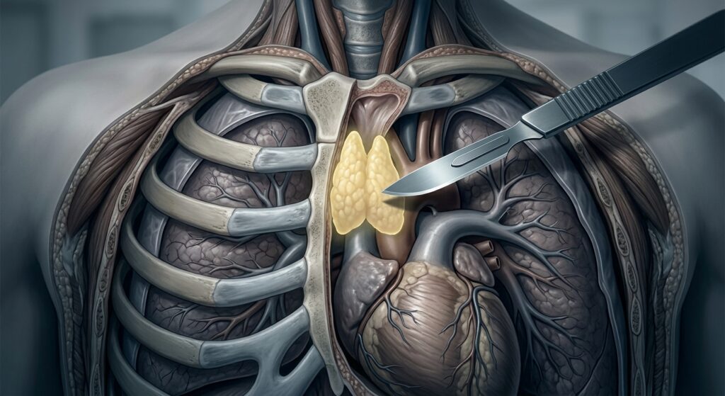 A highly detailed medical illustration showing a cross-sectional anatomical view of the human chest cavity, with the thymus gland prominently highlighted in soft yellow behind the sternum, positioned above the heart. The surrounding anatomy — ribs, lungs, and heart — rendered in muted, realistic tones. A surgical scalpel hovers near the thymus, casting a subtle shadow, conveying a moment of clinical decision-making. The overall mood is serious and contemplative, blending scientific precision with ethical uncertainty. Photorealistic editorial style with cool blue-gray undertones and warm yellow accent on the thymus, dramatic but clean lighting, no text or labels.