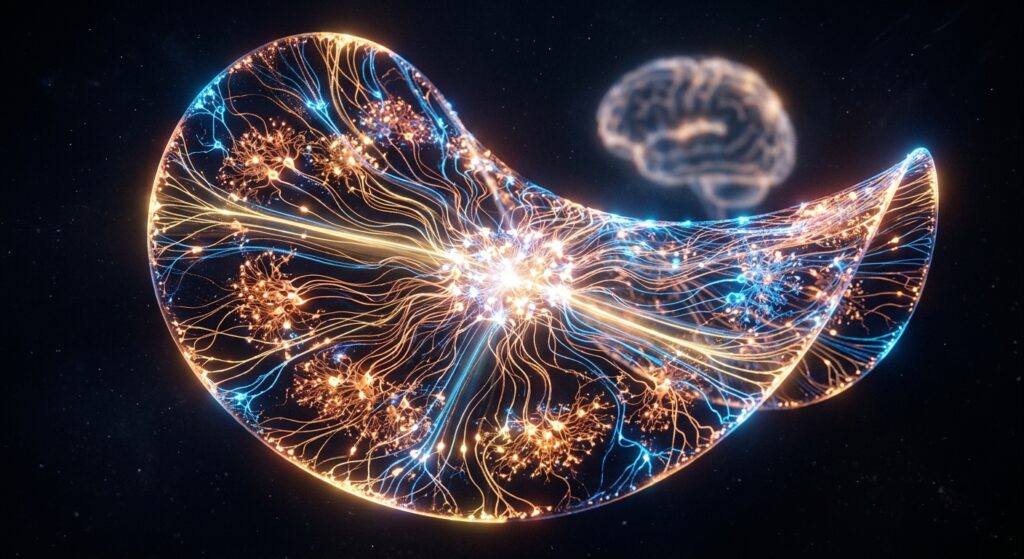 A hyper-detailed scientific visualization of a fruit fly's neural connectome rendered in hyperbolic curved space, where thousands of glowing interconnected neurons form an elegant fan-shaped or saddle-like geometric structure rather than a flat map. At the center, bright hub neurons pulse with light, acting as traffic nodes, while specialized neurons radiate outward toward the curved edges in clusters of warm amber and electric blue. The overall structure resembles a luminous mathematical manifold — somewhere between a coral reef and a cosmic web — floating against a deep black background. In the far background, a soft blurred suggestion of a human brain silhouette hints at a larger scale. The aesthetic is cinematic scientific illustration, ultra-detailed, with volumetric light rays tracing signal pathways through the curved geometry, evoking both the intimacy of a single insect mind and the profound mystery of consciousness itself.