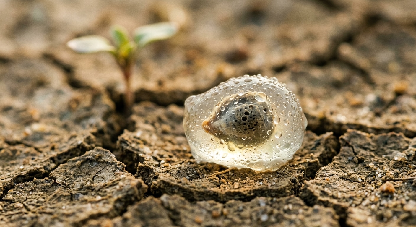 A macro close-up photograph of a single sugar beet seed coated in a thin, translucent biodegradable hydrogel film, resting on dry, cracked earth. The seed glows faintly with moisture trapped inside its delicate coating, like a tiny water reservoir. Tiny water droplets are visible on the surface of the coating. In the soft-focus background, a small seedling sprout emerges from parched, arid soil under warm, diffused natural light. The color palette is earthy — ochre, brown, and muted green — with a subtle sheen on the seed's coating suggesting its gel-like, sponge-like quality. The mood is scientific yet hopeful, editorial photography style with shallow depth of field and natural lighting.