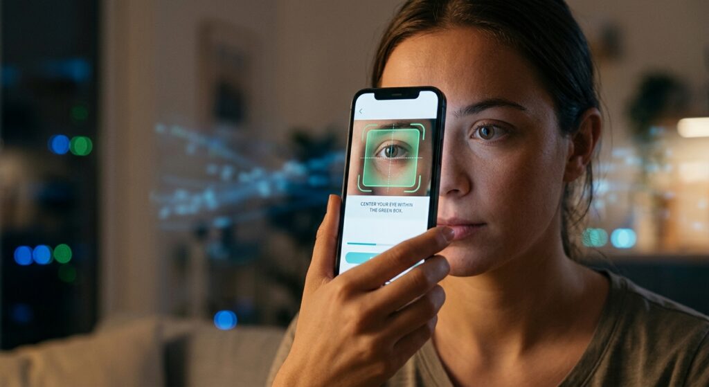 A person holding a smartphone close to their face in a softly lit indoor setting, carefully positioning the phone to photograph their own eye. The phone screen glows with a clean medical app interface showing a green guidance box and focus indicators. The scene conveys a sense of quiet concentration and modern healthcare technology. In the background, subtle visual hints of digital infrastructure — diffused server lights, soft blue data streams — suggest AI processing happening remotely. The overall mood is clinical yet accessible, hopeful and quietly revolutionary. Photorealistic editorial style, shallow depth of field, warm-cool contrast lighting.