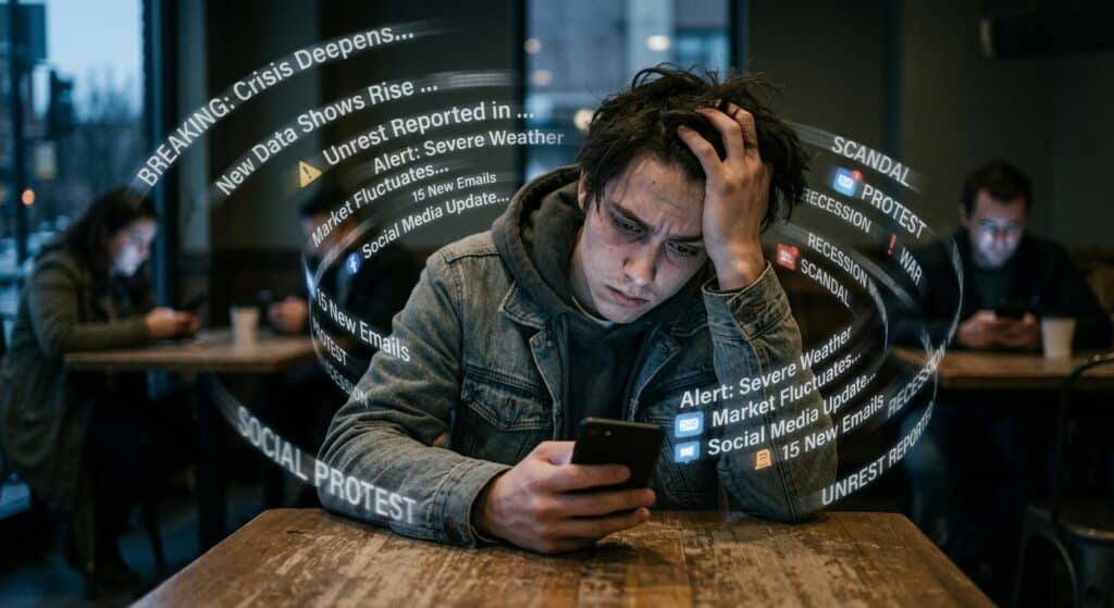 A person sitting alone at a café table, hunched over a smartphone with a visibly tense, exhausted expression, surrounded by a swirling vortex of blurred, fragmented newspaper headlines and breaking news notifications closing in from all sides. The atmosphere is dim and slightly oppressive, with the café environment fading into shadow while the harsh blue-white glow of the phone screen illuminates the person's face. In the background, other people are also absorbed in their devices, disconnected from one another. The overall mood is one of digital overwhelm and emotional fatigue. Photorealistic editorial style, cinematic lighting, muted color palette with cold blue and grey tones, shallow depth of field.