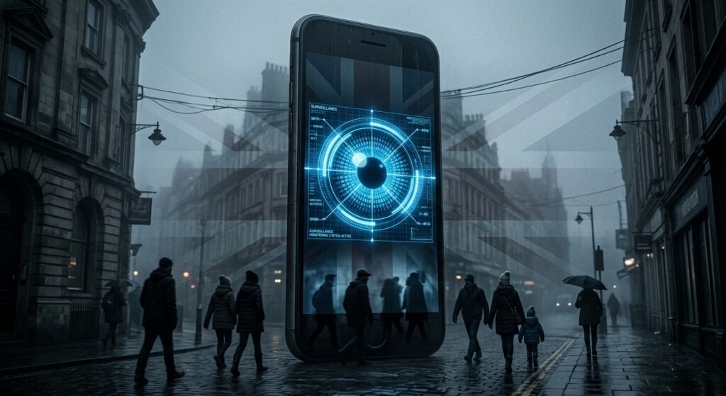 A photorealistic editorial illustration depicting a large, imposing smartphone standing upright like a monolith in a foggy urban British street, its screen glowing with a cold blue surveillance eye — an iris made of digital code and scanning grid lines. Around the phone, small silhouetted figures of people of all ages walk past, unaware, their reflections visible in the glass screen. A faint Union Jack pattern is subtly embedded in the misty background. The atmosphere is dystopian and unsettling, with dramatic low-angle lighting casting long shadows. The mood is tense and cautionary, evoking themes of mass digital surveillance disguised as protection, cinematic style, high contrast, desaturated color palette with cold blue and steel grey tones.