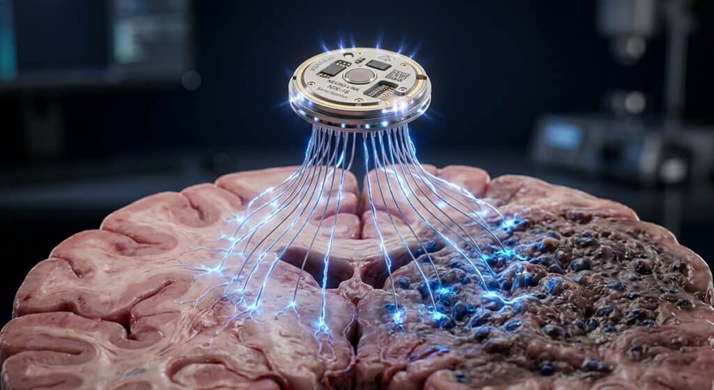A photorealistic editorial illustration of a small coin-sized neural implant device with sixteen thin metallic filaments extending from its surface, hovering above a softly lit cross-section of human brain tissue. The implant glows with faint blue electrical pulses traveling along the filaments into the surrounding neural tissue, visualizing the interception of electrical signals between tumor cells and neurons. The brain tissue shows a subtle boundary where healthy pink-gray matter meets a darker, irregular mass representing a glioma. The background is deep navy blue fading to black, giving the image a clinical yet dramatic atmosphere. Macro-level detail, soft volumetric lighting, scientific visualization aesthetic, high contrast between the luminous implant and the organic tissue surroundings.