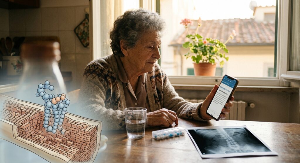 A photorealistic editorial illustration of an elderly Italian woman, approximately 78 years old, sitting at a kitchen table in a warmly lit home, looking at her smartphone screen with a mixture of hope and resignation. On the table beside her: an X-ray image of a spine, a glass of water, and some medication pills. Through the window behind her, soft morning light filters in. In the foreground, a translucent scientific visualization floats subtly — a molecular receptor structure embedded within a cross-section of porous, fragile bone tissue resembling crumbling brick. The overall mood is tender and bittersweet, balancing scientific complexity with human vulnerability. Photographic quality, warm tones, shallow depth of field, documentary-style composition.