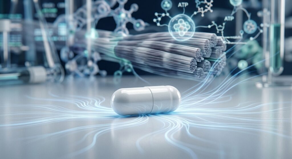 A photorealistic editorial-style image of a single white pharmaceutical capsule pill resting on a clean, minimal surface, with subtle visual elements suggesting muscle fiber textures and metabolic activity — soft glowing lines radiating outward like energy pathways, blending seamlessly into the background. The overall color palette is cool and clinical, with hints of blue and white, evoking a laboratory or medical research environment. In the background, slightly out of focus, abstract shapes suggest muscle striations and molecular structures, conveying the concept of cellular-level metabolic activation. The lighting is sharp and modern, with a scientific and slightly futuristic aesthetic, suitable for a serious health and biotechnology editorial feature.