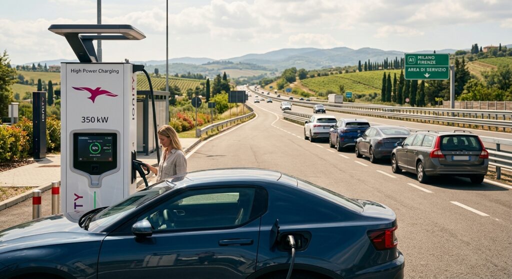 A photorealistic editorial-style image showing a modern electric car charging at a sleek ultrafast charging station on a sunlit Italian highway, with the open road stretching into the distance past rolling hills. The charging station displays high-power indicators, and the car's battery gauge is nearly full. In the background, a faint queue of mixed vehicles — electric cars and a lone diesel — hints at a transitional era. The atmosphere is bright and forward-looking, mid-morning golden light, cinematic depth of field, clean composition with a slightly optimistic but grounded tone.