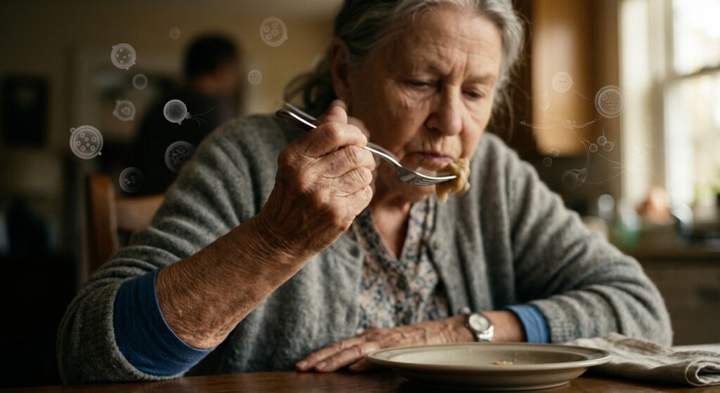 A photorealistic, editorial-style medical illustration showing a close-up of a human forearm and hand slowly lifting a fork toward a mouth, the movement captured with subtle motion blur suggesting effort and fragility. The background is a soft, desaturated clinical blue-grey. Warm golden light falls on the hand from one side, symbolizing hope and perseverance. Surrounding the central image, faint microscopic cellular structures — small vesicles and spherical exosomes — float like translucent bubbles in the background, barely visible, suggesting cellular therapy at work in the body. The overall mood is quiet, human, and hopeful but measured — not triumphant. The aesthetic is clean and documentary, reminiscent of high-quality science journalism photography combined with medical illustration.