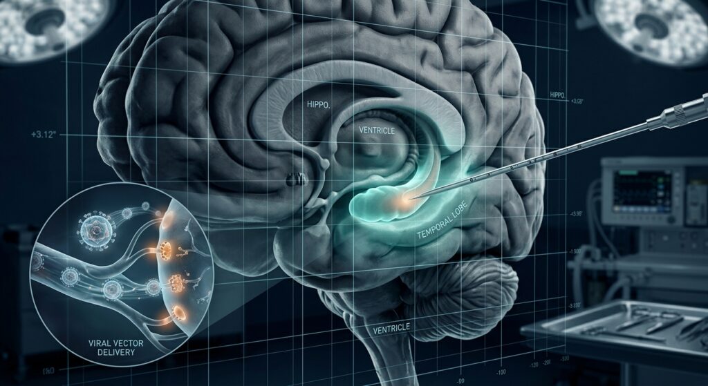 A photorealistic editorial-style medical illustration showing a detailed cross-section of the human brain with the hippocampus highlighted in soft glowing light, set against a dark clinical background. A fine needle-like delivery instrument approaches the temporal lobe area, with subtle MRI scan grid lines overlaid in blue-white tones suggesting real-time imaging guidance. Microscopic viral vectors rendered as translucent spherical particles flow through neural tissue, targeting overactive receptor sites shown as faintly pulsing orange nodes. The overall atmosphere is scientific and hopeful yet cautious, with a cinematic depth of field emphasizing the hippocampal region. Color palette of deep navy, cool grey, bioluminescent teal, and warm amber highlights. Hyperrealistic medical visualization style.